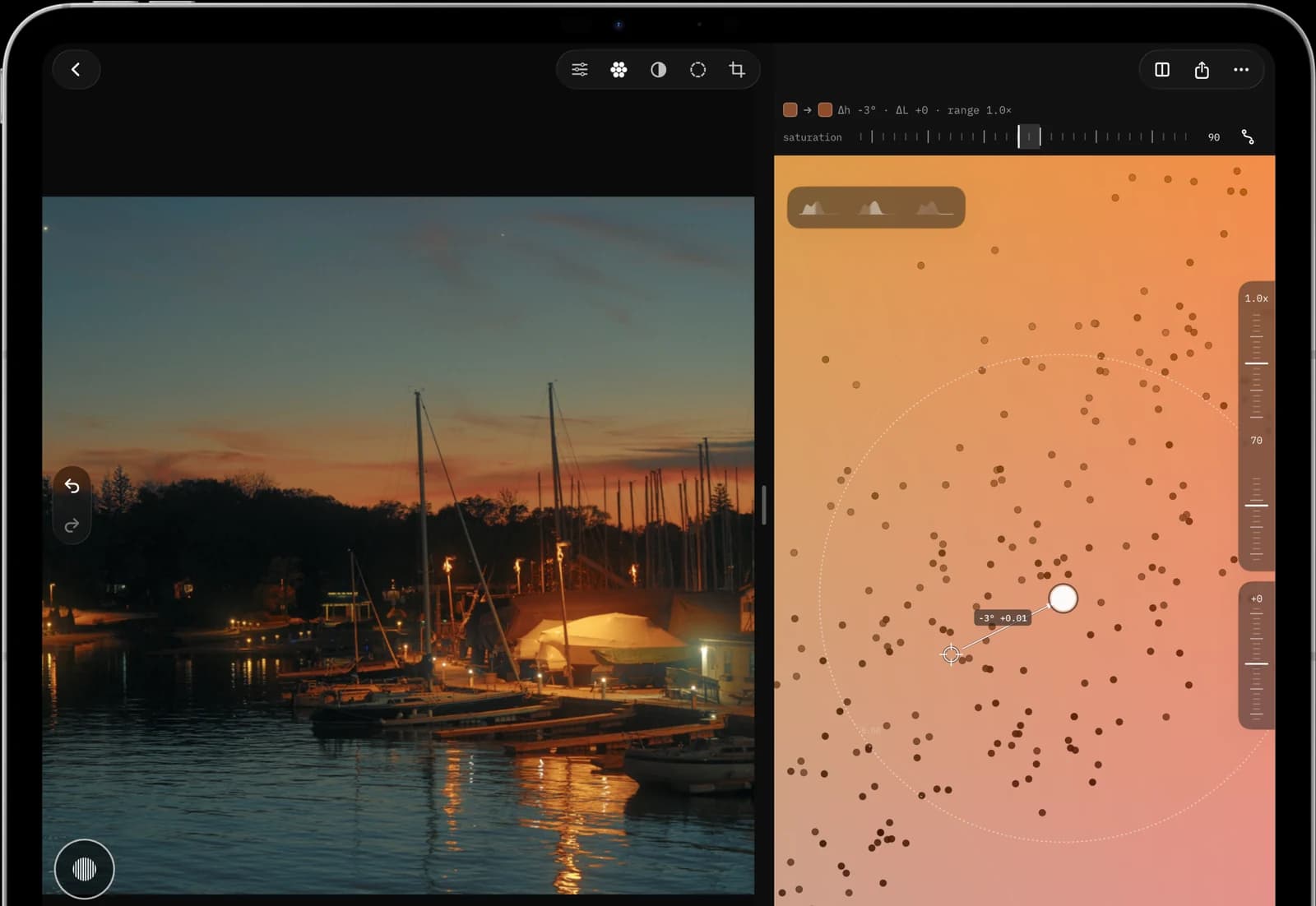 Tone Caliper on iPad: a harbor at sunset beside a close view of the color wheel, where a pin nudges the orange sky.