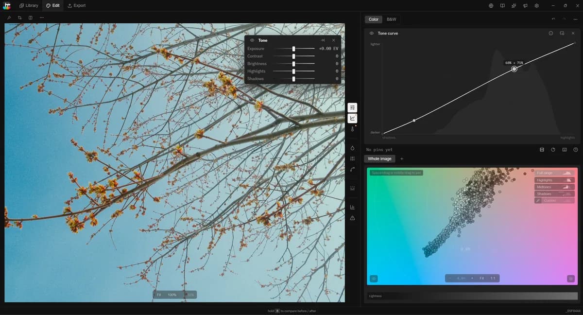 Tone tools in Tone Caliper: the tone curve docked above the color wheel and the tone sliders floating over the photo