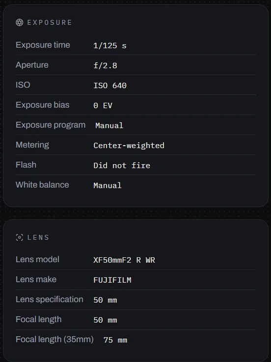 A photo's exposure and lens data laid out as two stacked cards of key and value rows.