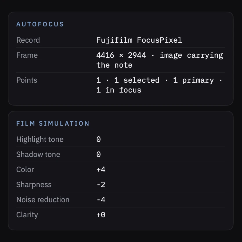 The autofocus record and the Fujifilm film simulation recipe: highlight and shadow tone, color, sharpness, noise reduction, clarity.