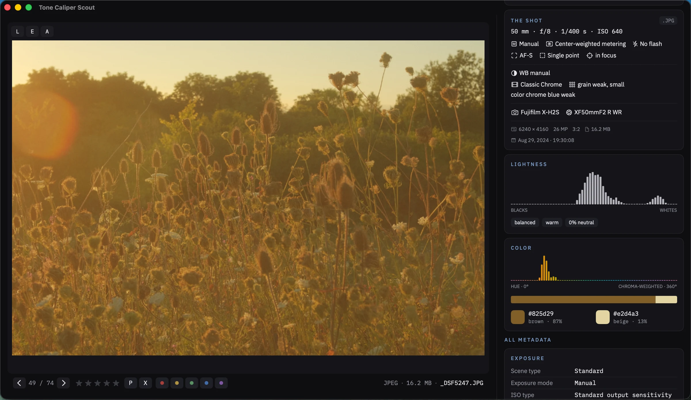 A photo open in Scout with its shot card — focal length, aperture, shutter, ISO, camera and lens — and the lightness and color cards beside it.