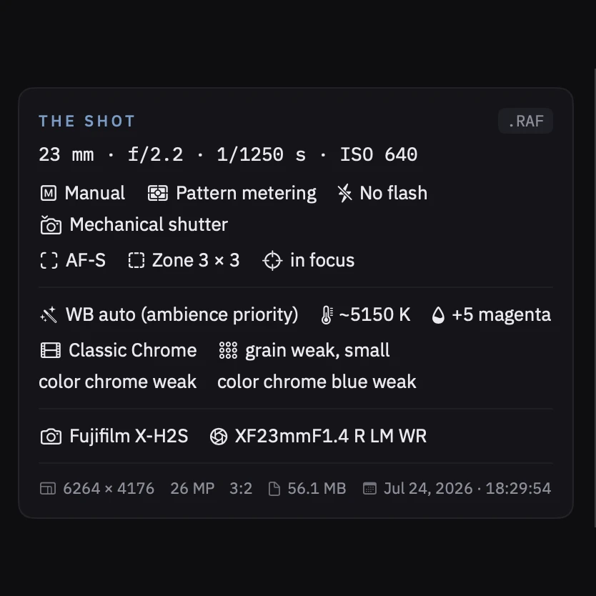 Scout’s shot card: focal length, aperture, shutter, ISO, metering, focus mode, white balance, film simulation, camera and lens.