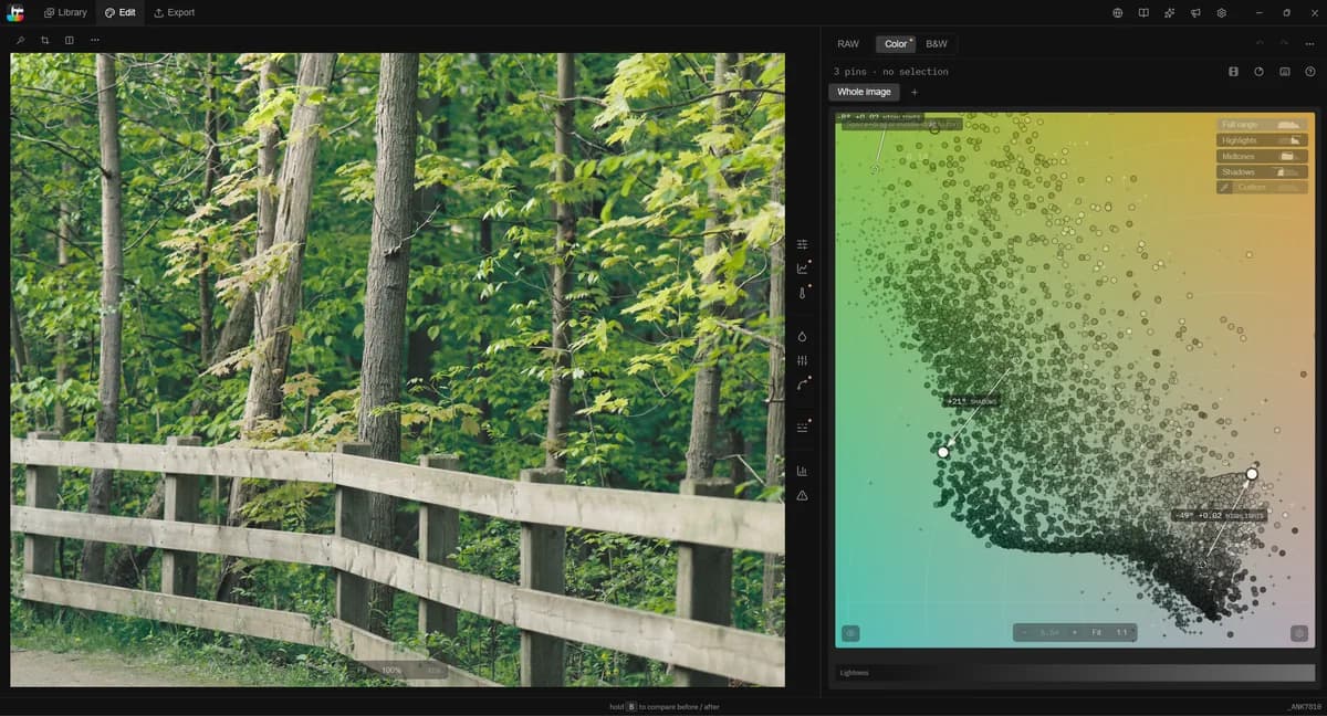 The Tone Caliper editor: a forest photo beside the color wheel, with the photo's colors plotted on it