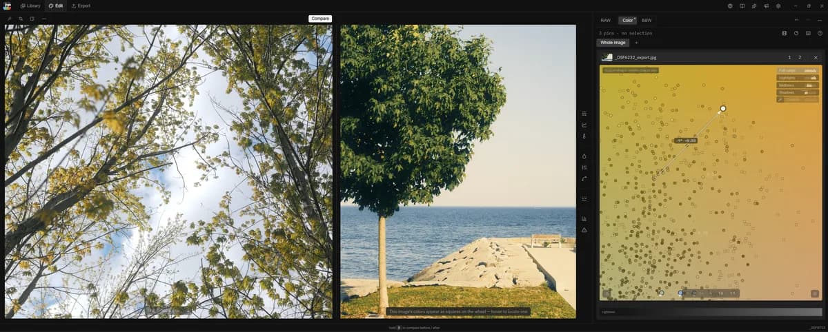 Reference image comparison in Tone Caliper: a reference photo beside the photo being edited, with the reference's colors shown as squares on the wheel