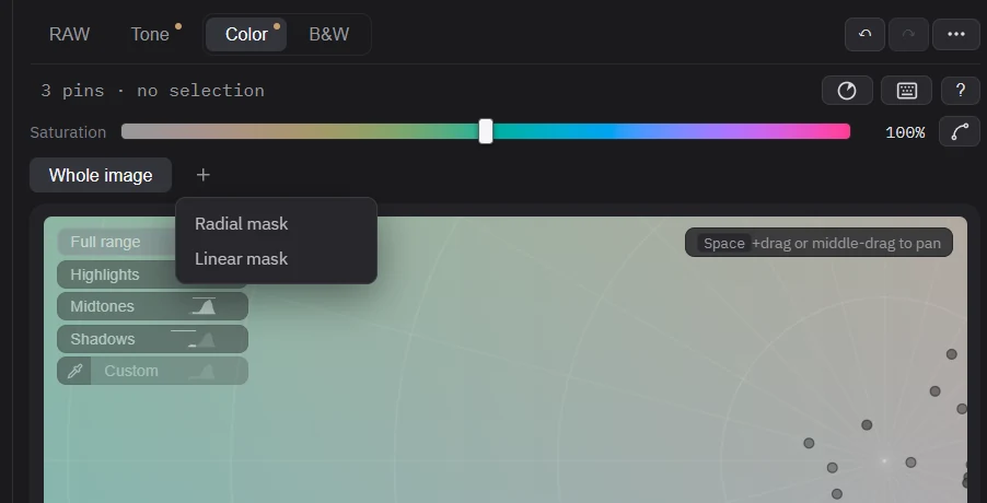 The scope bar above the color wheel, showing the Whole image chip and a plus button, with the add-mask menu open on Radial mask and Linear mask.