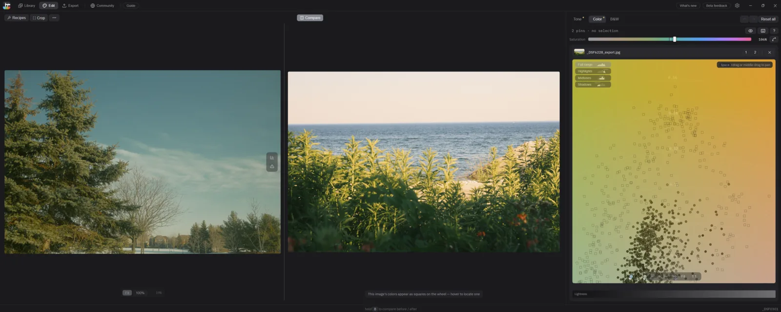 Compare split view: the photo being edited on the left, a bright green and sand beach photo on the right with a caption line beneath it. Above the color wheel a chip shows the reference's thumbnail, the filename _DSF6228_export.jpg, the 1 and 2 toggles, and a close button. The wheel shows both layers at once — the reference's outlined squares and the photo's filled dots — with Full range, Highlights, Midtones, and Shadows at the top left.